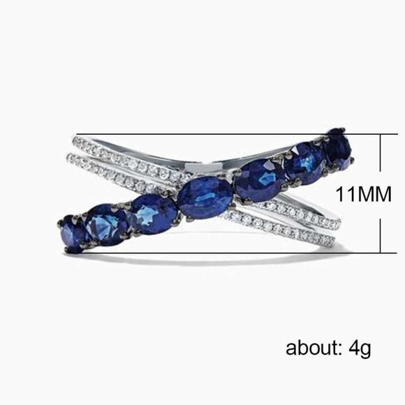 🎀 Oval Royal Blue Anillos Unique Three Lines Silver Ring for Women, VIP272 - Picture 4 of 7
